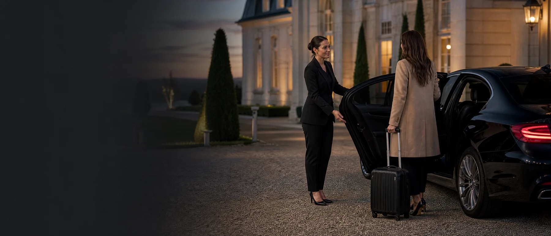 Accueil d’une cliente avec chauffeur privé près d’une berline